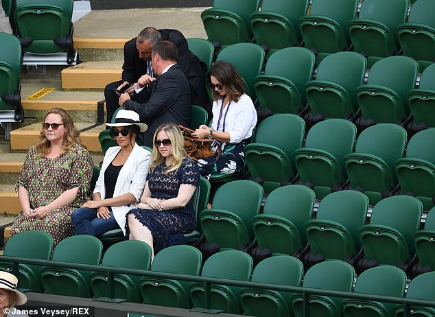 Pictured: Meghan Markle seen watching Serena Williams compete on Court 1 with friends Genevieve Hills and Lindsay Roth