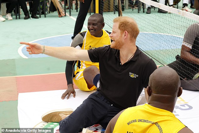 Prince Harry is seen at a volleyball match at Nigeria Unconquered, a community-based charitable organisation dedicated to aiding wounded, injured, or sick servicemembers, as part of celebrations of Invictus Games anniversary in Abuja, Nigeria in May