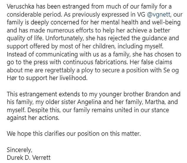 Following the reports, Durek took to Instagram to explain his reasoning, saying: 'I wanted to clarify Märtha Louise's and my recent decision to issue a cease-and-desist letter to my mother, Veruschka'