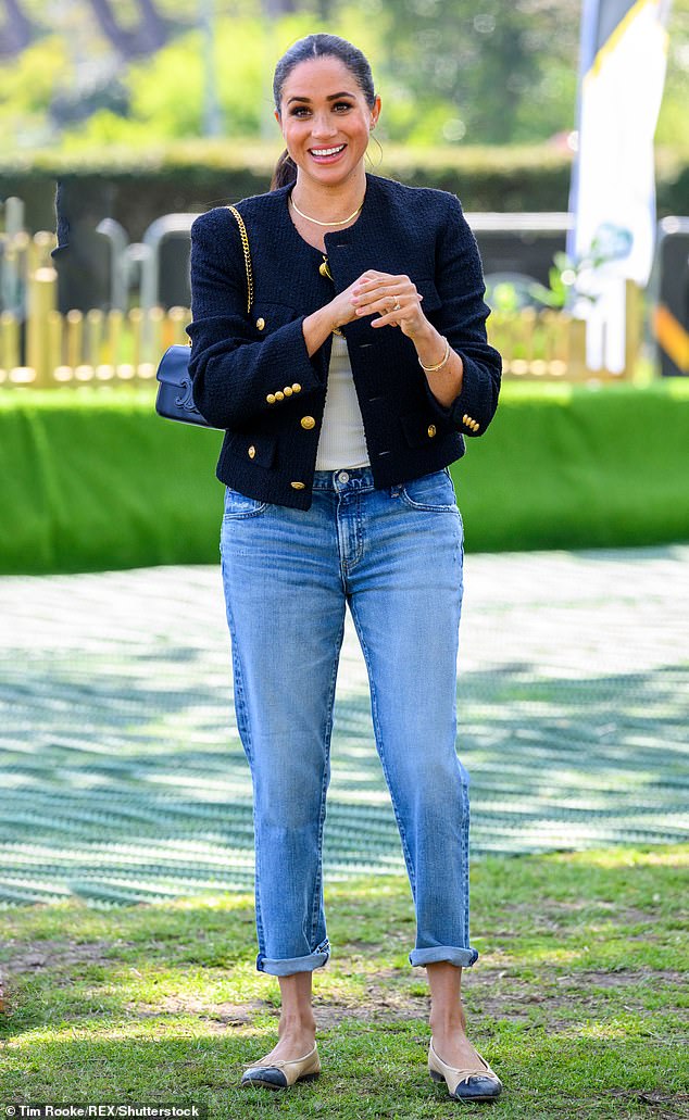 At the Invictus Games in 2022, Meghan again echoed Princess Diana when she didn't play by the rules. She embraced luxe logos by wearing a black tweed jacket with gold buttons by Celine, classic Chanel ballet flats and Moussy denim jeans with the hems rolled up