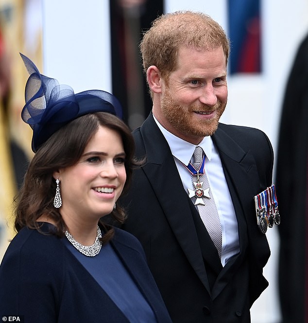 Despite Princess Eugenie having close ties with Prince Harry, the royal has shown loyalty to Prince William and King Charles in recent times (pictured: Eugenie and Harry in May, 2023)