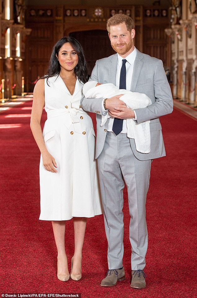 She went on to share her desire to protect her two children, 5-year-old Archie and 3-year-old Lilibet, from such feelings, as well as the online content that can cause them. Pictured with Harry and their newborn son Archie in 2019