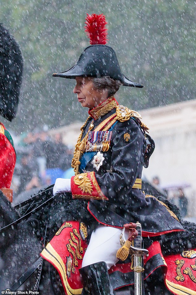 Princess Anne, however, braved the storm on horseback as the wet weather continued and cut a rather soggy figure