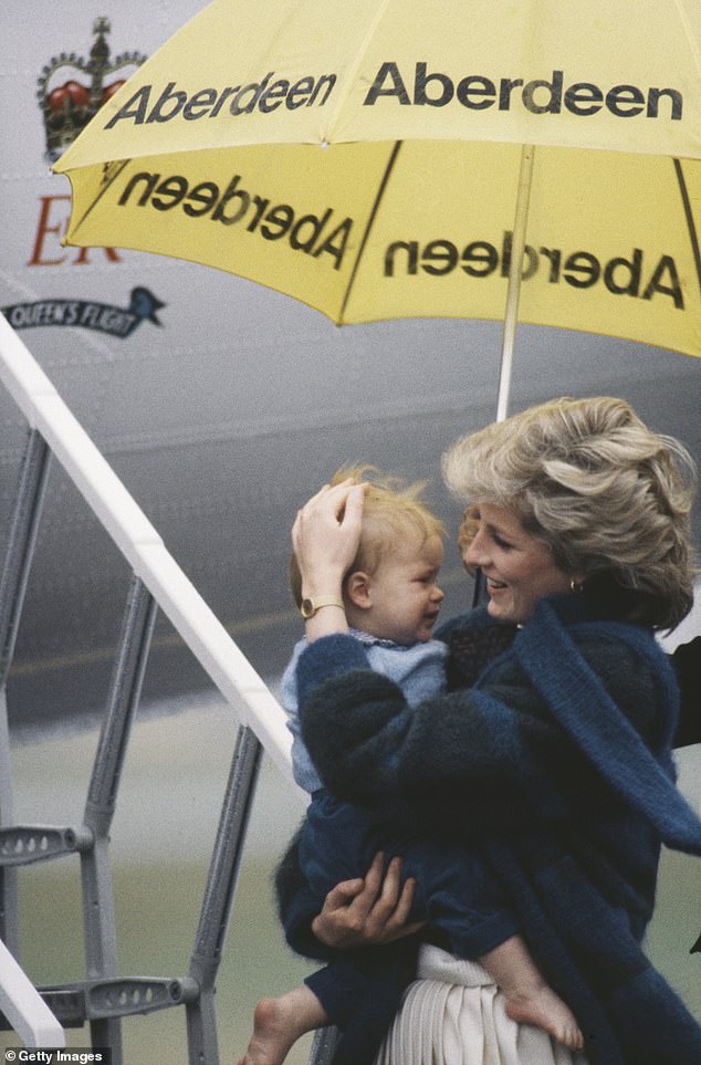 In another instance, Diana shielded a young Prince Harry from the wet weather in September 1985. She was pictured holding Harry's head at Aberdeen Airport in Scotland as she boarded the Queen's Flight