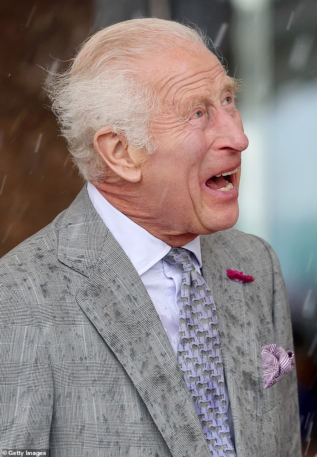 Charles was pictured beaming up at the sky during the heavy downpour in Jersey last month