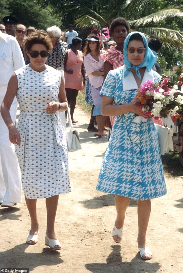 Princess Margaret and her sister, Queen Elizabeth, during a visit to Mustique in 1977