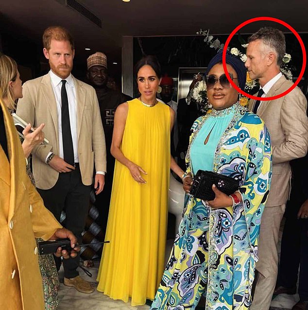 Prince Harry and Meghan with Mr Kettler (circled) by their side. His role on the visit was said to be a foretaste of what he would achieve in the future