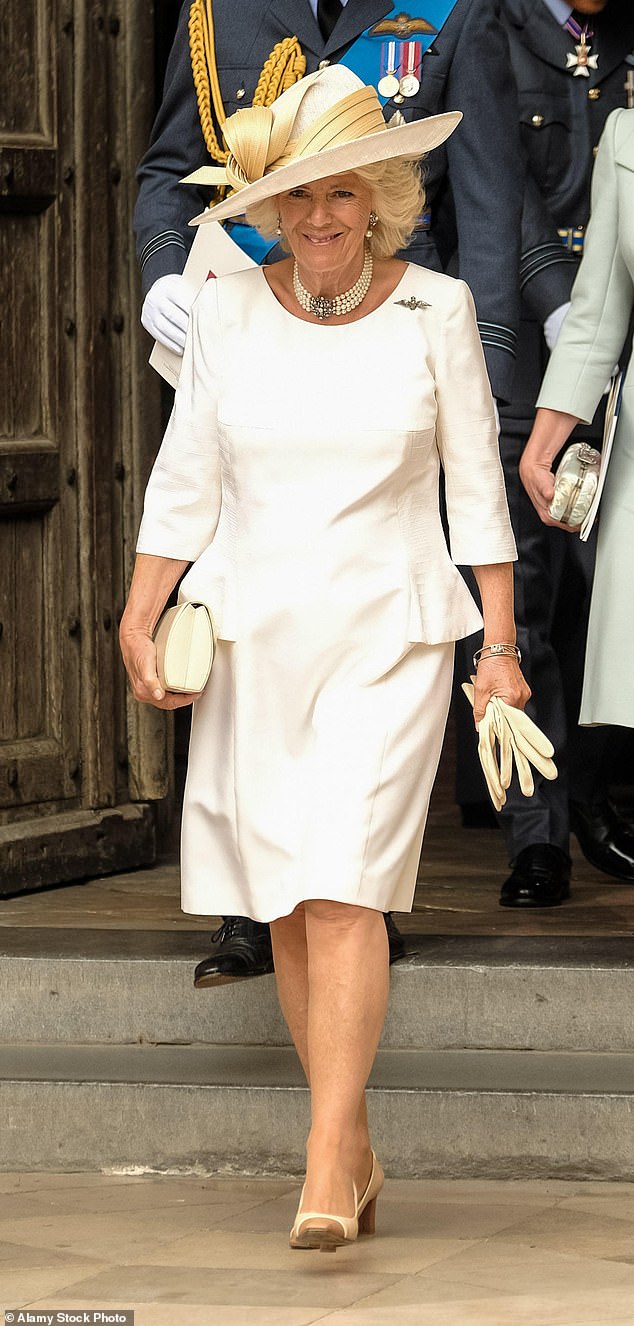 2018: Camilla, then the Duchess of Cornwall, follows Meghan in fourth place. Above: Camilla wears a classy cream dress with matching shoes and hat at a service at Wesminster Abbey to mark the centenary of the Royal Air Force, July 2018. She accessorised the look with a four-stranded pearl necklace