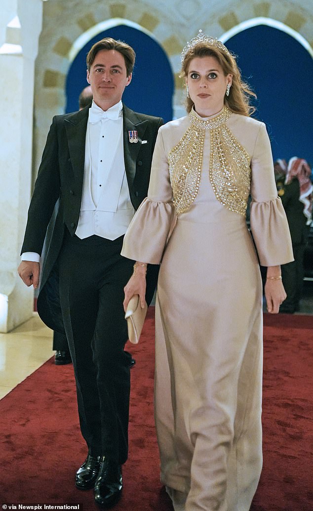 Princess Beatrice wears her elegant blush Reem Acra embellished gown alongside her husband Edoardo Mapelli Mozzi at the wedding reception of Crown Prince Al Hussein and Rajwa Alseif, June 2023