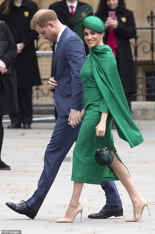 2020: Meghan Markle was 28th on the list in 2020. Above: The Duchess of Sussex wears an exquisite caped dress by designer Emilia Wickstead and a matching hat by William Chambers as she attends the Commonwealth Day Service with Prince Harry in March that year. It was the couple's final engagement before they stepped away from royal duties