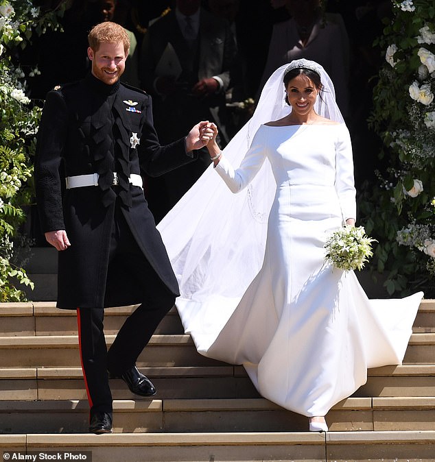 2018: Meghan Markle is crowned as Britain's best dressed by Tatler. Above: With Prince Harry on their wedding day. Meghan chose an elegant £100,000 dress by Clare Waight Keller that took 3,900 hours to create