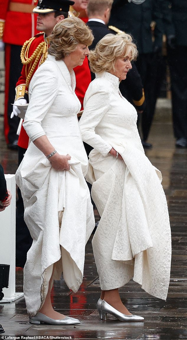 2024: Also on the list this year is Queen Camilla's sister Annabel Elliot, who featured fifth. Above: Ms Elliot (left) outside Westminster Abbey following the Coronation ceremony of King Charles last year