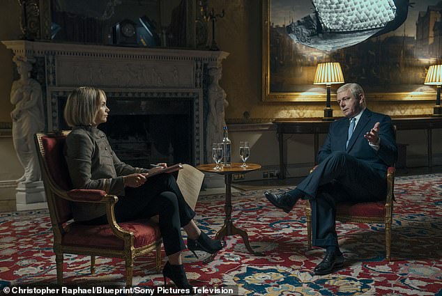 Emily Maitlis excitedly enthuses: 'It's Here' at the release of the first stills of Ruth Wilson portraying her in Amazon's upcoming Prince Andrew drama - but has she missed the boat? (pictured: Emily interviewing Prince Andrew)