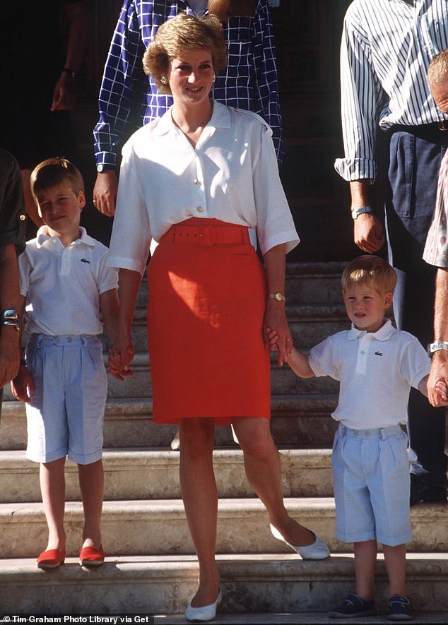 Princess Diana is pictured with her sons Prince William (left) and Prince Harry (right) during the summer holidays in Majorca in 1988