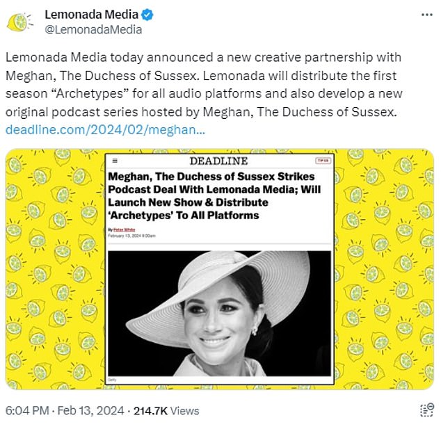 An announcement by Lemonada Media on their X page in February this year