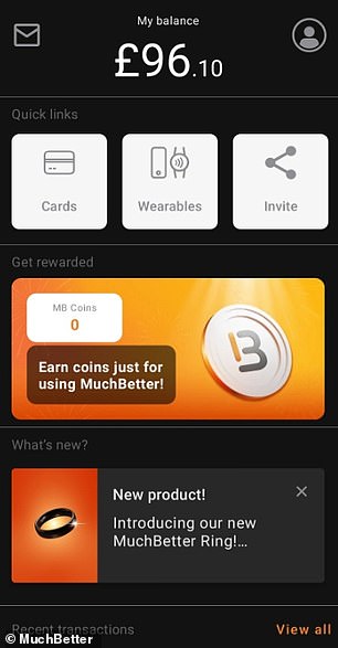 This screenshot shows the MuchBetter app's layout - with balance at the top and recent transactions at the bottom