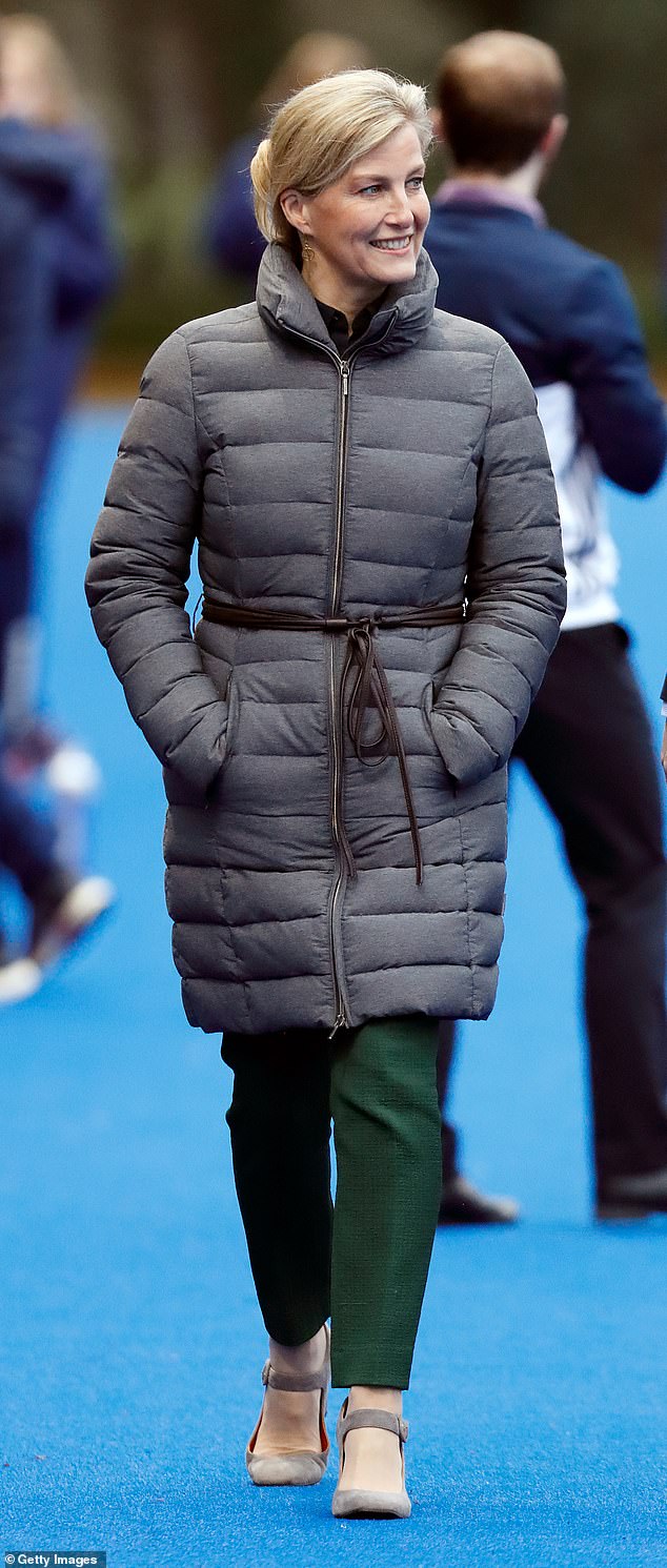 Sophie, Duchess of Edinburgh, keeps her hands in the pockets of her puffa coat during the England Hockey team training session at Bisham Abbey National Sports Centre in 2020