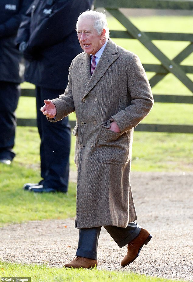 King Charles places a hand in his coat pocket as he departs the New Year's Day service at St Mary Magdalene, Sandringham, in 2023