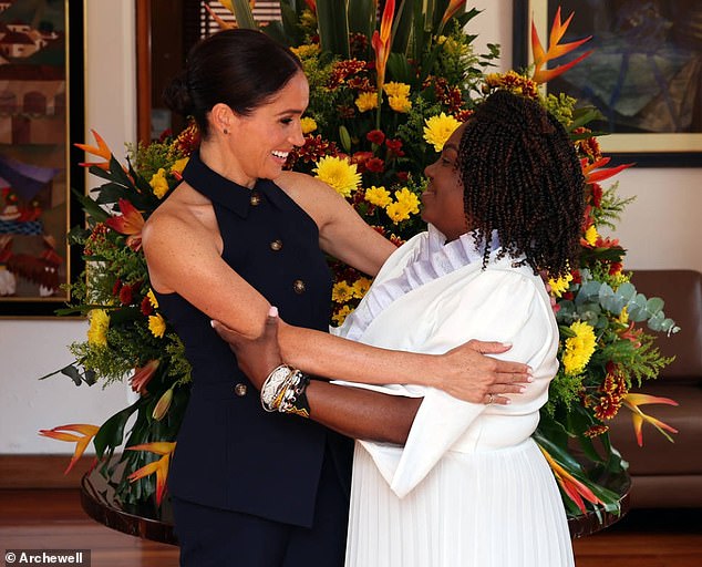 The Duchess of Sussex, 43, who lives with the Duke and their two children, Prince Archie , five, and Princess Lilibet, three, in their $14 million Montecito home, put on a stylish display in a £596 collared vest from New York-based brand Veronica Beard