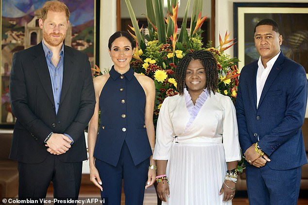 The former senior royal couple met with Colombia's vice president and her partner (pictured L-R: Prince Harry; Meghan Markle; Colombian Vice President Francia Marquez; her husband Yernei Pinillo)