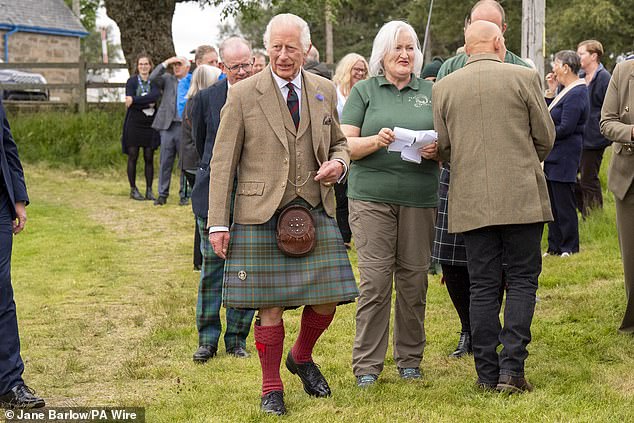 King Charles III is pictured today on a visit to the Forsinard Flows Visitor Centre in Scotland