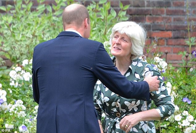 Prince William greets Lady Jane Fellowes at the Diana statue unveiling in London in July 2021