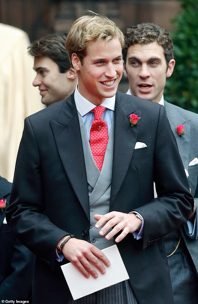 Prince William and William van Cutsem attend the wedding of Edward van Cutsem and Lady Tamara Grosvenor at Chester Cathedral in 2004. Edward is a godson of King Charles