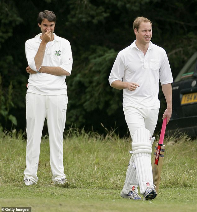 The two men, who are said to be like brothers, own country homes 20 miles apart in Norfolk. Above: The pair playing cricket in Chipping Norton in 2010