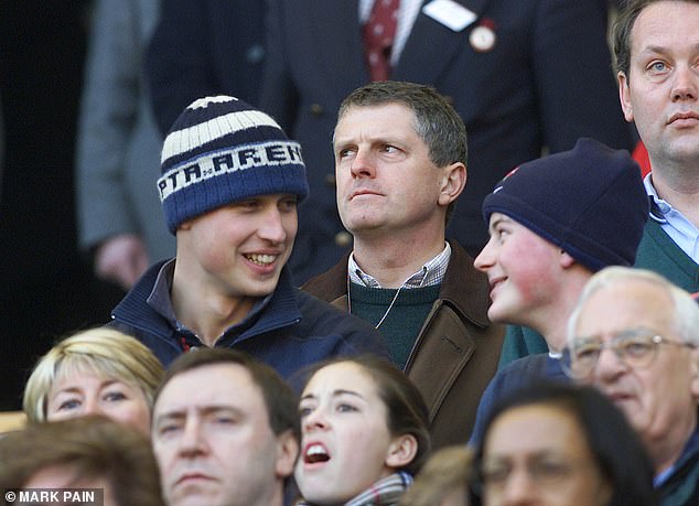 Such is the closeness of the family that Prince William skipped the late Queen's Christmas lunch to support Pelly at his father's memorial service, following his sudden death in 2015. Above: William and Guy watch the rugby, 2005