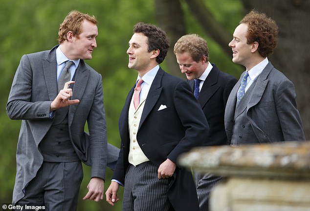 Harry Aubrey-Fletcher, Thomas van Straubenzee, Guy Pelly and Tom Inskip attend the wedding of William van Cutsem and Rosie Ruck Keene at the church of St Mary the Virgin, Ewelme, in 2013