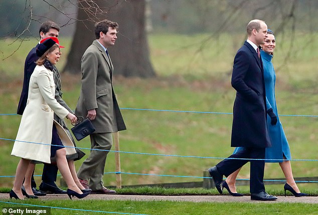 Lady Laura Meade, Emilia Jardine-Paterson, David Jardine-Paterson and James Meade join Prince William and Catherine for a Sunday church service at Sandringham in 2019