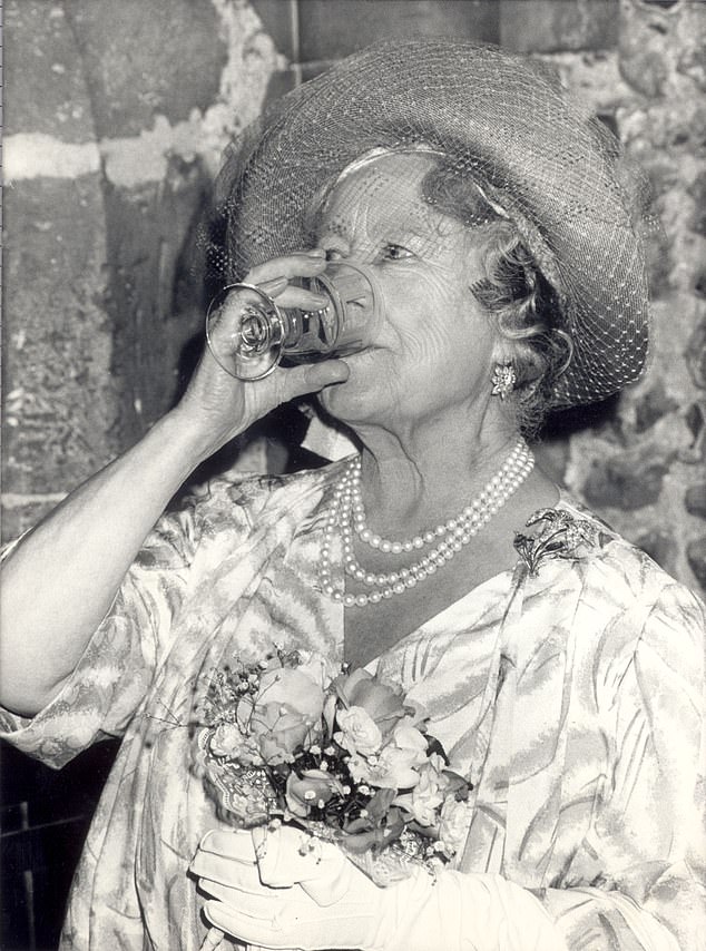 Alcohol figured prominently in her life, prompting one equerry to describe her not as an alcoholic, exactly, but as 'a devoted drinker'. Above: The Queen Mother enjoys a drink as she takes part in the traditional 'Wayfairers Dole' at the Hospital of St Cross at Winchester, 1986