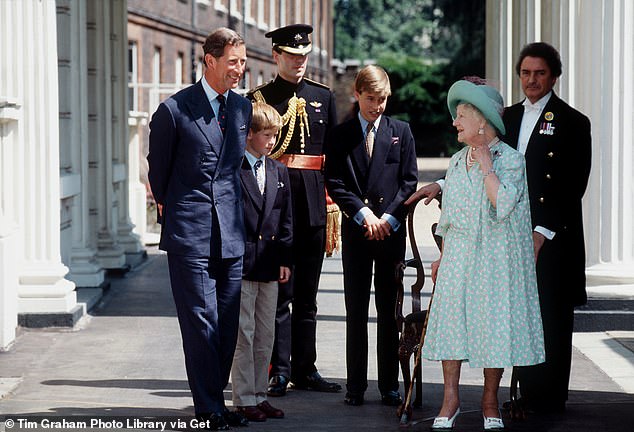 The Queen Mother celebrating her 95th birthday with her butler William 'Backstairs Billy'  Tallon, grandson Prince Charles and great-grandsons Prince Harry and Prince William the former Prince of Wales with Prince Harry and Prince William, 1995