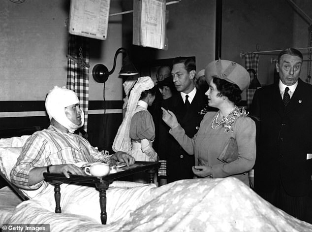 The King and Queen were seen  visiting patients in a bomb damaged hospital in 1940