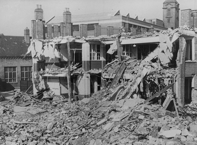 The wreckage of Hallsville School (known as Agate Street Infants), East London, after it was hit during a German air raid, killing 75 people