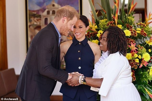 Prince Harry is seen shaking hands with Ms Marquez as a smiling Meghan looks on. The Duke and Duchess stayed at the residence for half an hour, where the Vice President expressed her gratitude for the couple's official visit