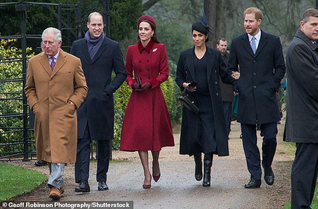 Meghan Markle is pictured arm-in-arm with her husband Prince Harry alongside Prince William, Kate and King Charles (who was then a Prince) in 2018