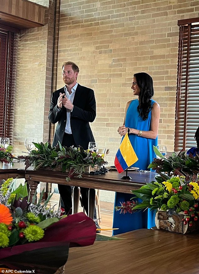 Prince Harry and Meghan joined Vice President Francia Márquez for a luncheon on the second day of their trip. Oscar De La Renta gown in Cerulean blue - likely bespoke and thought to be at least £4,000. Aquazurra heels. Logan Hollowell baby reverse warer drop diamond tennis necklace - £9,786