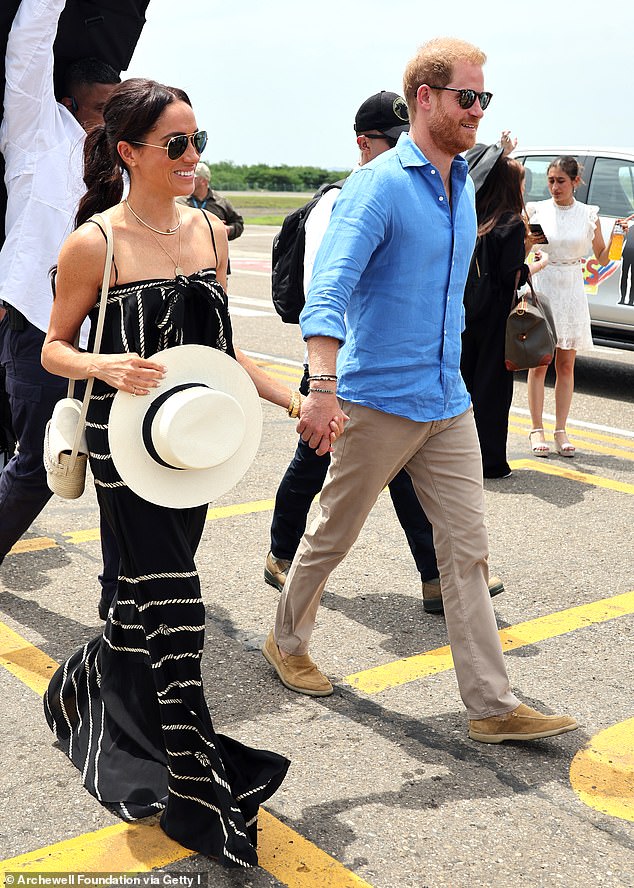 The Sussexes packed in a busy schedule on their trip - with Meghan looking very stylish each step of the way. Pictured in a £1,700 design by Ortiz. Top £804 and matching maxi skirt, £1,272, Johanna Ortiz Resort collection 2025; bag, Cesta Collective, £588; sandals, £620, Aquazzura; jewellery featuring Archie and Lilibet's initials, Ariel Gordon, £1,540.