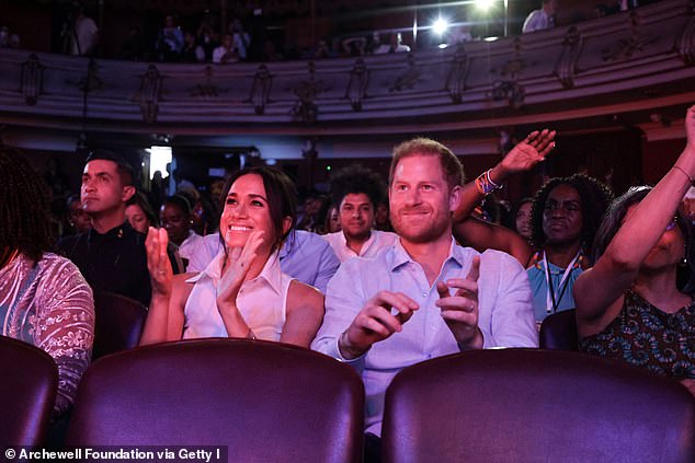 Meghan, Duchess of Sussex and Prince Harry, Duke of Sussex seen at the Afro-Descendant Women and Power: Voice of Equity at the Teatro Municipal on August 18, 2024 in Cali, Colombia