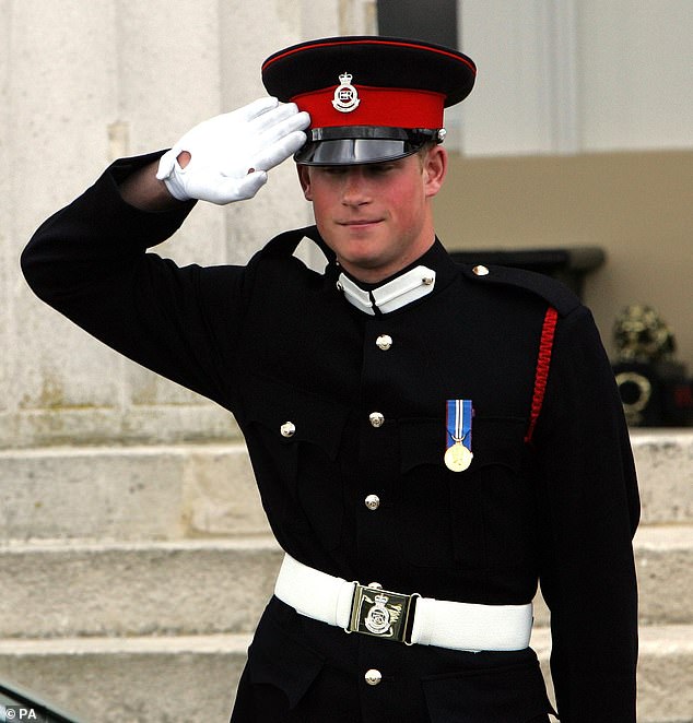 Prince Harry saluting his father, then the Prince of Wales as he leaves Sandhurst Royal Military Academy in 2007, marking the completion of his training