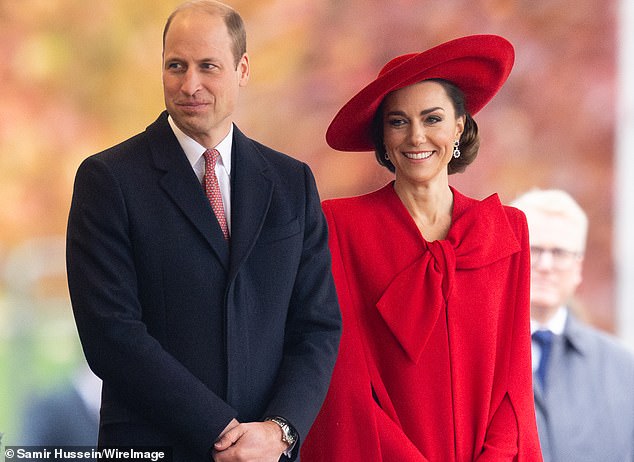 Prince William and the Princess of Wales attend a ceremonial welcome for The President and the First Lady of the Republic of Korea at Horse Guards Parade on November 21 last year