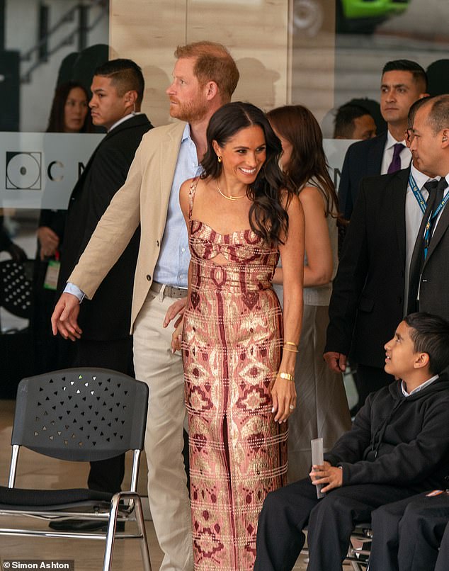 Meghan changed into a colourful printed jumpsuit for her second look of her Colombia Tour