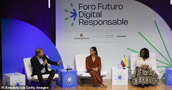 BOGOTA, COLOMBIA - AUGUST 15: Britain's Prince Harry, Duke of Sussex, Britain's Meghan, Duchess of Sussex and Vice President of Colombia, Francia Marquez attend 'Responsible Digital Future' forum at EAN University in Bogota, Colombia on August 15, 2024. Prince Harry and Meghan Markle land in Colombia to join Marquez in discussions with women and youth on combating discrimination and cyberbullying. (Photo by Juancho Torres/Anadolu via Getty Images)