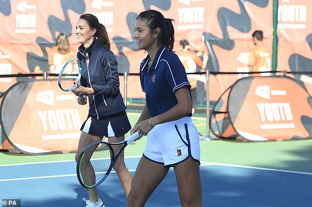 Kate playing with US Open champion Emma Raducanu at an official 'homecoming' organised by the Lawn Tennis Association in September 2021