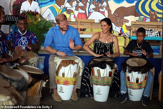 Prince Harry, Duke of Sussex and Meghan, Duchess of Sussex at the Escuela Tambores de Cabildo during The Duke and Duchess of Sussex Colombia Visit on August 17, 2024 in Cartagena, Colombia