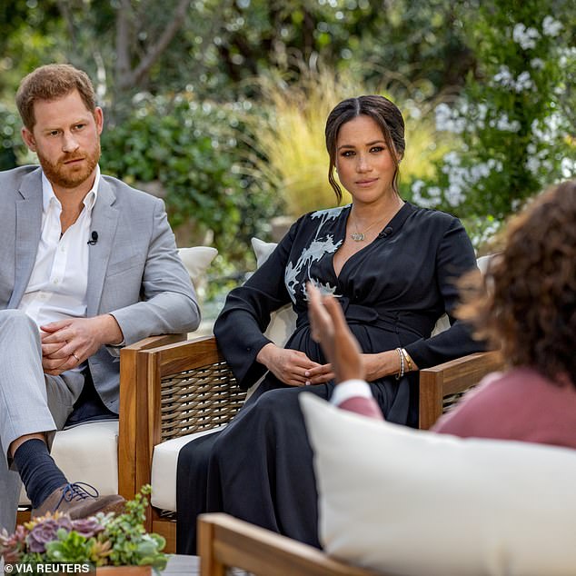 Prince Harry and Meghan, Duchess of Sussex, are interviewed by Oprah Winfrey in March 2021