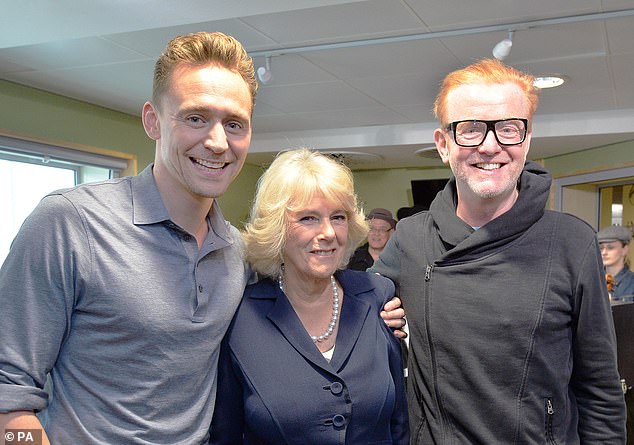 Camilla with Tom Hiddleston (left) and Chris Evans at BBC Radio 2's headquarters in London