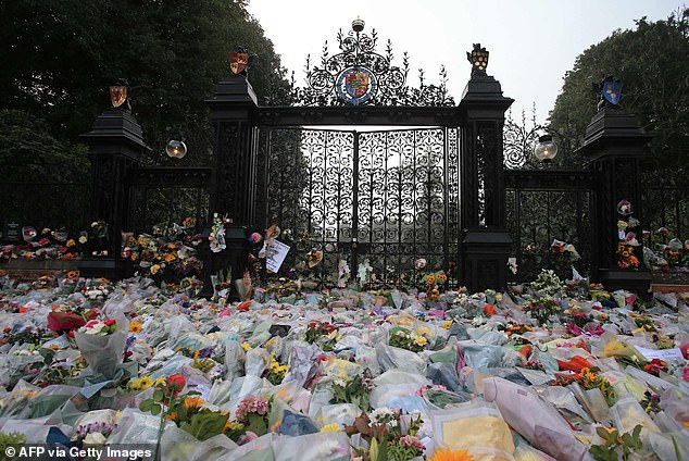 Hundreds of bunches of flowers seen outside the Sandringham Estate in Norfolk, September 11, 2022