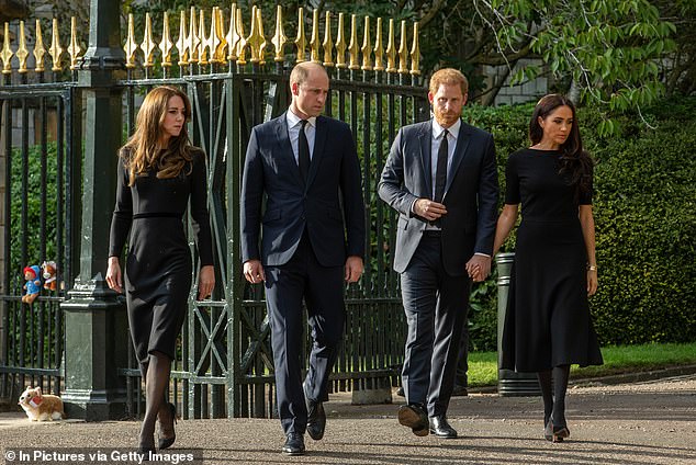 Princess Catherine, Prince William, Prince Harry and Meghan Markle viewing flower tributes outside Windsor Castle, September 10, 2022